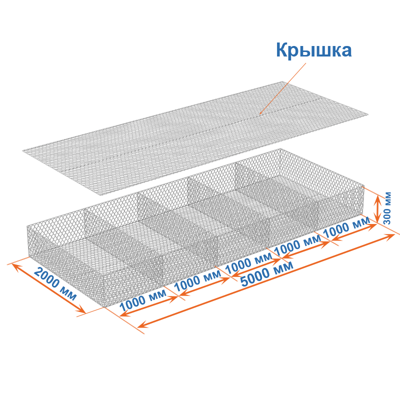 Габион матрац ГСИ-М 5х2х0,3 оцинкованный / ЦП, Ø проволоки 2,4/3,4 мм, размер ячейки 6х8 см фото
