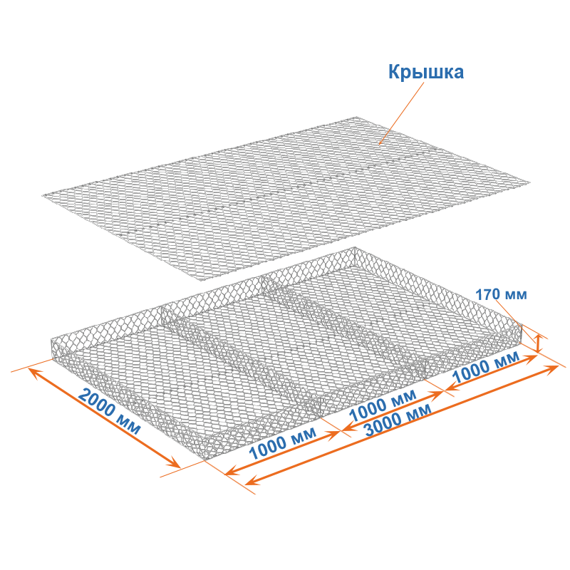 Габион матрац ГСИ-М 3х2х0,17 оцинкованный, Ø проволоки 2,7 мм, размер ячейки 8х10 см фото